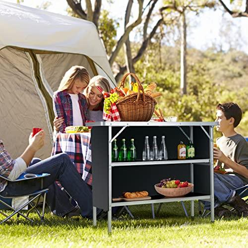 Giantex Folding Camping Table, Aluminum Portable Bar Table 43.5''L x 34.5''H, 2-Tier Open Storage Shelves, Removable Oxford Cloth, Carrying Bag, Foldable Picnic Table for BBQ Outdoor Party (Black) - CookCave