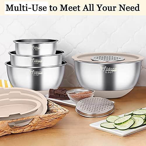 Wildone Mixing Bowls with Airtight Lids, 22 PCS Stainless Steel Nesting Bowls, with 3 Grater Attachments, Scale Marks & Non-Slip Bottom, Size 5, 4, 3, 2,1.5, 0.63QT, Ideal for Mixing & Prepping - CookCave