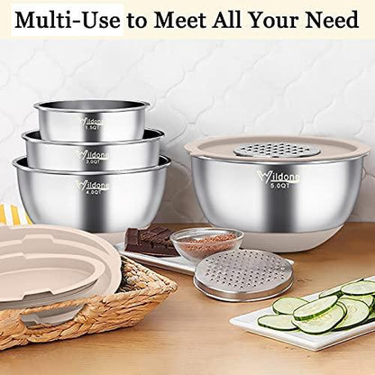 Wildone Mixing Bowls with Airtight Lids, 22 PCS Stainless Steel Nesting Bowls, with 3 Grater Attachments, Scale Marks & Non-Slip Bottom, Size 5, 4, 3, 2,1.5, 0.63QT, Ideal for Mixing & Prepping - CookCave