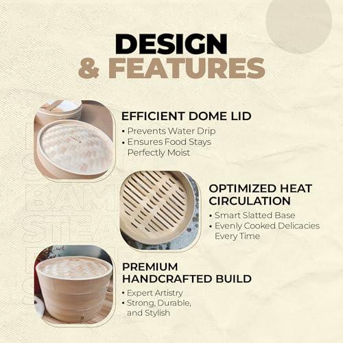 Grown Goods Bamboo Steamer Handmade Basket with Lid | 10 inch 2 Tier Steaming Basket Traditional Design | For Dumplings, Rice, Dim Sum, Vegetables, Fish, and Meat | Includes 50 liners, 2 bamboo sauce - CookCave