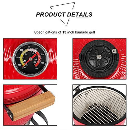 Outvita Ceramic Grill, 13" Round Kamado Charcoal Grill, Portable Barbecue Grill with Thermometer for Variations on Cooking Methods(Red) - CookCave