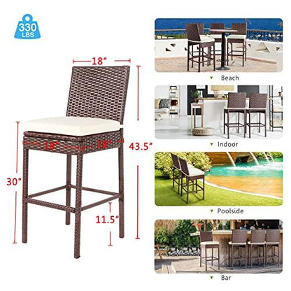 Outdoor Bar Stools Wicker Woven Patio Stools & Patio Bar Chairs Set of 4 Counter Bar Height Stools with Footrest Armless Cushion Beige All Weather Rattan Garden Stool for Pool Lawn Porch Backyard - CookCave