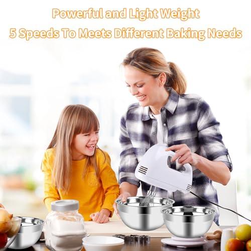 Hand Mixer Electric Mixing Bowls Set, 5 Speeds Handheld Mixer with 5 Nesting Stainless Steel Mixing Bowl, Measuring Cups and Spoons 200 Watt Kitchen Blender Whisk Beater Baking Supplies For Beginner - CookCave