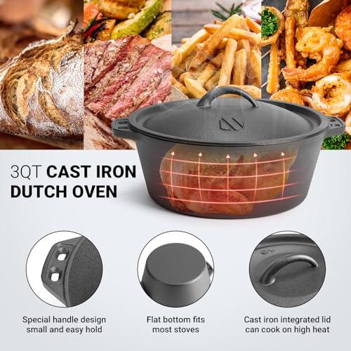 Pre-Seasoned Cast Iron Dutch Oven Pot with Lid, for Braising, Broiling, Frying, Sourdough Bread Baking, Camping Cookware, BBQ,3 Quart Pan - CookCave