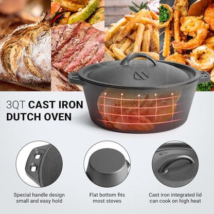 Pre-Seasoned Cast Iron Dutch Oven Pot with Lid, for Braising, Broiling, Frying, Sourdough Bread Baking, Camping Cookware, BBQ,3 Quart Pan - CookCave