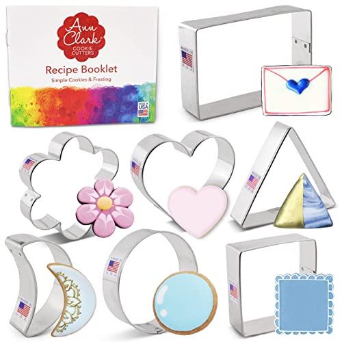 Basic Geometric Classic Shapes Cookie Cutters 7-Pc. Set Made in USA by Ann Clark, Heart, Circle, Square, Rectangle, Triangle, Crescent Moon, Flower - CookCave