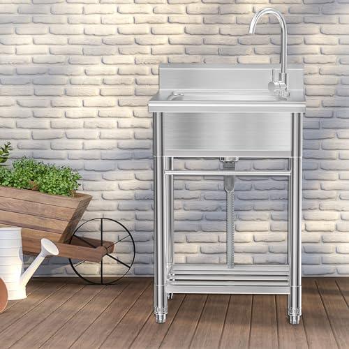 Lafati Stainless Steel Utility Sink - Single Bowl Free Standing Kitchen Sink NSF Certificated with Cold and Hot Water for Farmhouse, Bathroom, Bar, Laundry Room (23 Inch) - CookCave