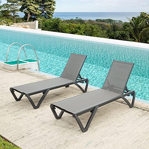 Domi Pool Lounge Chairs, Aluminum Patio Chaise Lounge Set of 2, 5 Position Adjustable Backrest and Wheels, All Weather Outdoor Lounge Chairs for Beach, Yard, Balcony, Poolside, Gray - CookCave