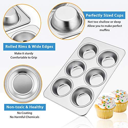 E-far Muffin Pan Set of 2, Stainless Steel Muffin Pan Tin for Baking, 6-Cup Metal Cupcake Pan Tray, Non-toxic & Healthy, Oven & Dishwasher Safe, Regular Size - 11.44 x 7.12 x 1.25 inch - CookCave