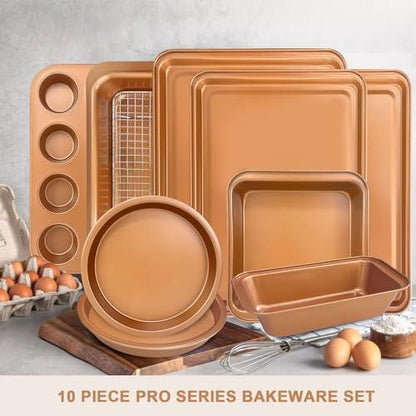 RavisingRidge Baking Pans Set with Nonstick Coating, Professional 10 Pcs Including Cake Pans, Cookie Sheets, Roasting Pan, and Cooling Rack - 0.8mm Thick, Dishwasher Safe, and Heavy Duty - CookCave