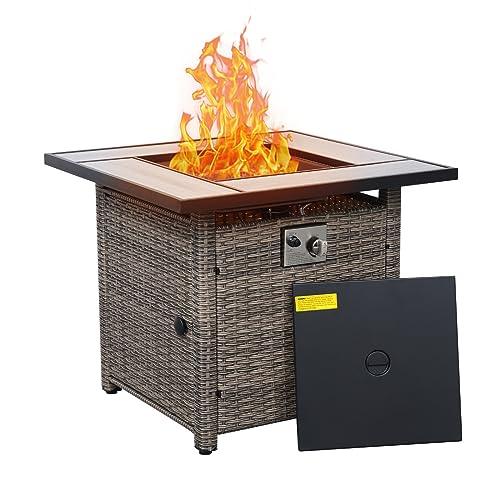 Outdoor Propane Fire Pit Table for Outside, 30 Inch 50,000 BTU Square Grey Rattan Gas Firepit with Tabletop, Fire Glass, and Waterproof Cover, for Parties and Gatherings on Patio Garden Backyard Porch - CookCave