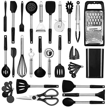 35 PCS Silicone kitchen Utensils set,Cooking Utensils set,Utensils,Kitchen Tool Set,Baking Set, Kitchen Set, Kitchen Gadgets,Kitchen Tools and Cookware Set with Holder.Stainless Steel - CookCave
