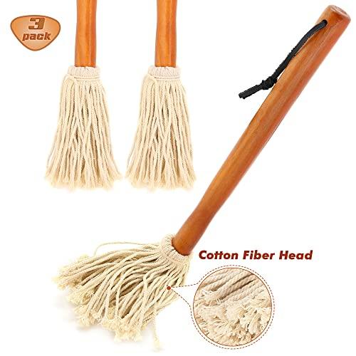 16" BBQ Sauce Basting Mops & Brushes for Roasting or Grilling, Apply Barbeque, Marinade or Glazing, Cotton Fiber Head and Hardwood Handle, Dish Mop Style, Perfect for Cooking or Cleaning - Pack of 3 - CookCave