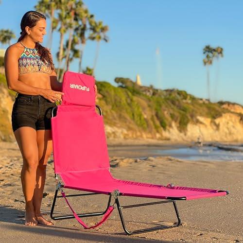 Lawn Chair Chaise Lounge 2 Legs Support Polyester Material Reclining Backrest Head Rest Pillow Great For Beach, Home, Backyard, Outdoor, Patio, Pool, Camping, Lawn or Deck Color PINK - CookCave