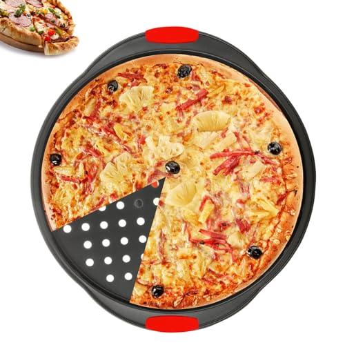 Rarapop Pizza Pan with Silicone Handles –Versatile 14-Inch carbon steel baking pan with hole Ideal for Cooking, Baking, and Grilling - Durable, Even Heating, and Long-Lasting Kitchen Cookware - CookCave