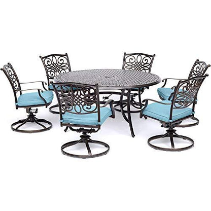 Traditions 7-Piece Patio Dining Set with 60" Round Cast-Top Table and 6 Swivel Rockers with Blue Cushions, Patio Dining Set for 6, Premium Weather Resistant Outdoor Furniture - CookCave