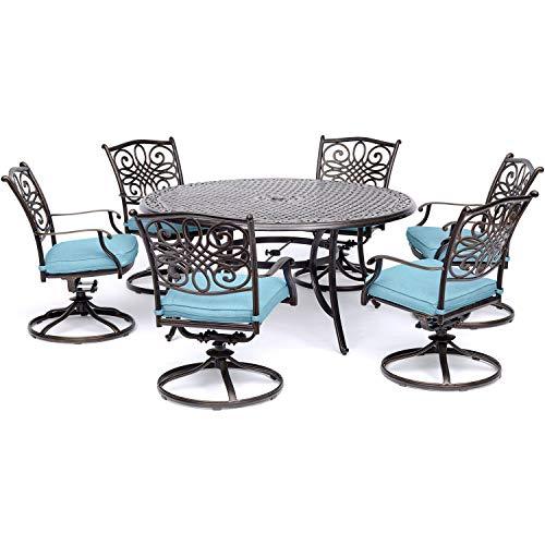 Traditions 7-Piece Patio Dining Set with 60" Round Cast-Top Table and 6 Swivel Rockers with Blue Cushions, Patio Dining Set for 6, Premium Weather Resistant Outdoor Furniture - CookCave