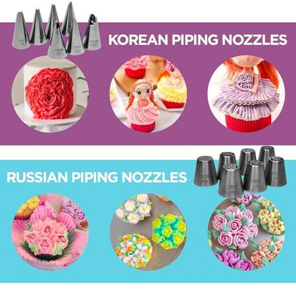 423-Piece Deluxe Cake Decorating Set - Unleash your pastry potential, premium Rotating Cake Turntable, extensive 48 Piping Tips, cutting-edge 7-Russian and 7-Korean Nozzles, 3 Springform Pans - CookCave