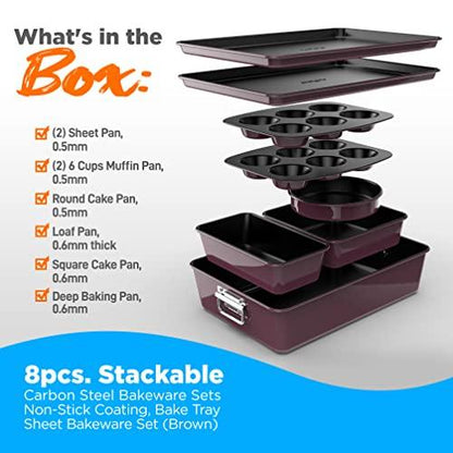 NutriChef 8-Piece Nonstick Stackable Bakeware Set - PFOA, PFOS, PTFE Free Baking Tray Set w/Non-Stick Coating, 450°F Oven Safe, Round Cake, Loaf, Muffin, Wide/Square Pans, Cookie Sheet (Plum) - CookCave