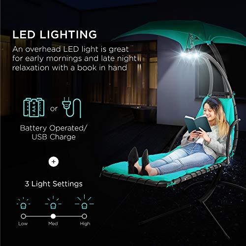 Best Choice Products Hanging LED-Lit Curved Chaise Lounge Chair Swing for Backyard, Patio, Lawn w/ 3 Light Settings, Weather-Resistant Pillow, Removable Canopy Shade, Steel Stand - Teal - CookCave