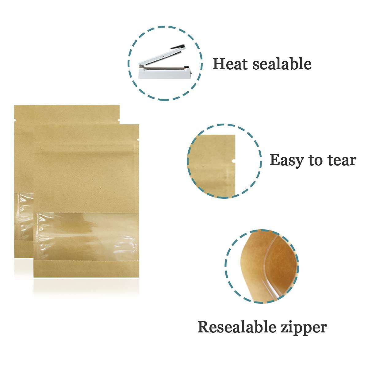 PABCK 100 Pack (Inner Size 2.36x2.36inch) Clear Window Airtight Brown Kraft Paper for Zip Food Storage Lock Small Bags Reclosable Seal Zipper Resealable Heat Seal Pouch Coffee Packaging - CookCave
