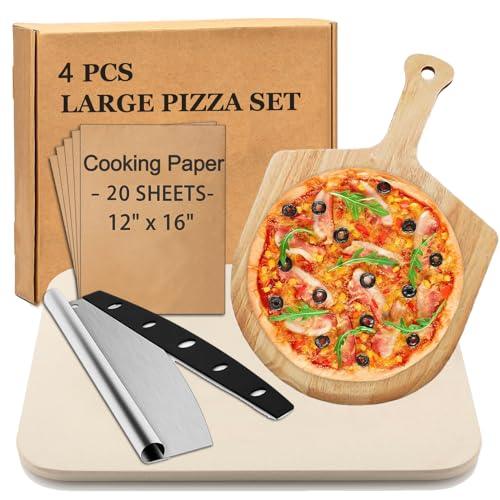 4 PCS Rectangle Pizza Stone Set - 15" Large Pizza Stone, Wood Pizza Peel(OAK), Pizza Steel Cutter & 20pcs Extra thick Cooking Paper, Pizza Stone for Oven and Grill, Baking Stone for Pizza, Bread, BBQ - CookCave
