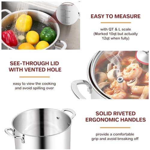 TeamFar 12 Quart Stock Pot, Stainless Steel Tri-ply Stockpot Large Pasta Soup Cooking Pot with Clear Lid, for Induction Gas Electric Ceramic, Healthy & Heavy Duty, Solid Handles & Dishwasher Safe - CookCave