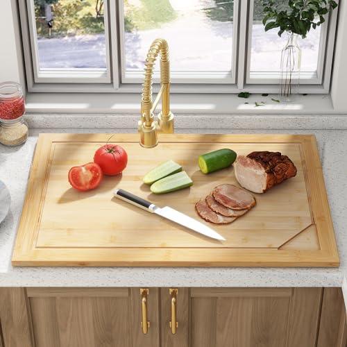Noodle Board Stove Cover, Stove Top Cutting Board, 30"L x 22"W x 0.75"Th Charcuterie Boards, Large Cutting Board With Juice Grooves and Handles- Natural Color - CookCave