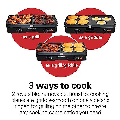 Hamilton Beach 3-in-1 Electric Indoor Grill + Griddle, 8-Serving, Reversible Nonstick Plates, 2 Cooking Zones with Adjustable Temperature (38546), Black - CookCave