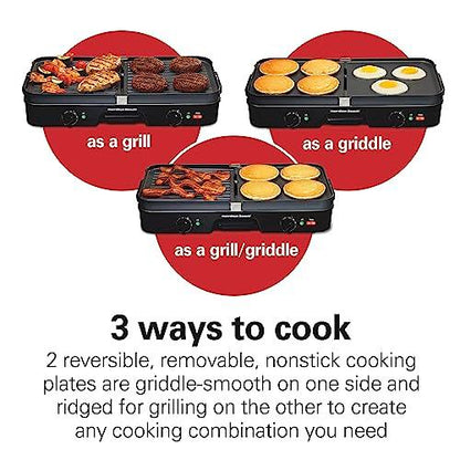 Hamilton Beach 3-in-1 Electric Indoor Grill + Griddle, 8-Serving, Reversible Nonstick Plates, 2 Cooking Zones with Adjustable Temperature (38546), Black - CookCave