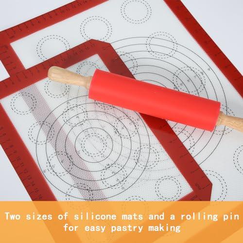 Rolling Pin for Baking with 2-Piece Silicone Baking Mats Measurement Guild, 12 Inch Small Silicone Dough Roller, Pastry Mat Fit Half & Quarter Sheet Pan, Good for Macaro, Cookies Baking - CookCave