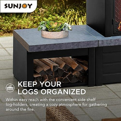 Sunjoy Outdoor Fireplace, Patio Wood Burning Steel Fireplace with Chimney, Log Holders, Fireplace Tool and PVC Cover, Black - CookCave