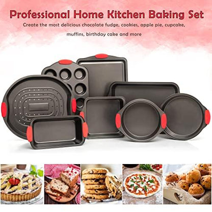 Moss & Stone 9 Piece Baking Pans Set, Oven Safe Baking Sheet Set Carbon Steel Non-Stick PTFE Coating, Bakeware Set With Heat Red Silicone Handles, Black Baking Trays For Oven - CookCave