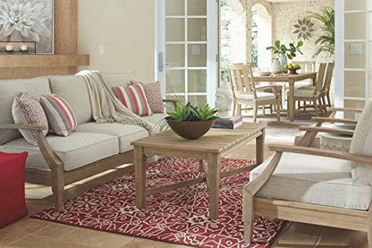 Signature Design by Ashley Clare View Coastal Outdoor Patio Eucalyptus Sofa with Cushions, Beige - CookCave