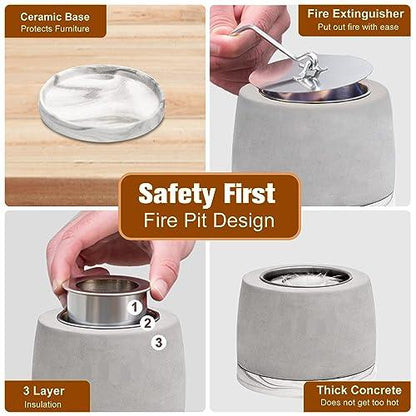 Concrete Tabletop Fire Pit Bowl, Table Top Portable Rubbing Alcohol Fireplace Indoor Outdoor Decor Long Time Burning Smokeless Odorless Housewarming Gift for Patio Balcony with Extinguisher - CookCave