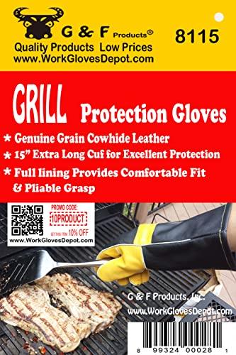 14.5" Long Premium Leather Gloves, BBQ gloves, Grill and Fireplace Gloves, Cotton lining with Kevlar stitch, Heat Resistant Gloves, animal handling gloves, bite-proof gloves - CookCave