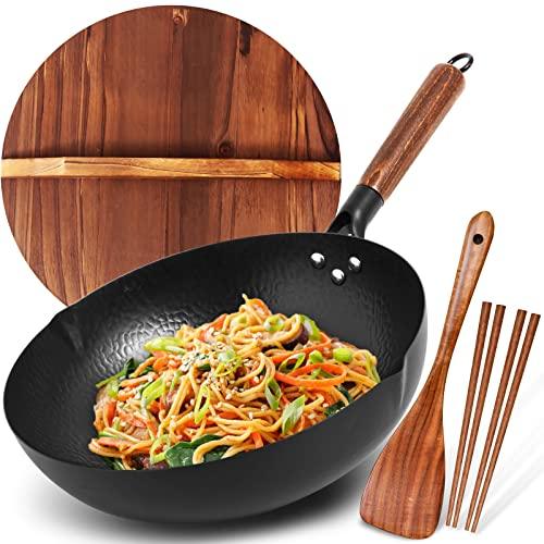 BrBrGo Carbon Steel Wok Pan, 5 Piece Authentic Chinese Wok & Stir-Fry Pans Set with Wooden Lid, No Chemical Coated Flat Bottom Chinese Woks Pan for All Stoves-13“ - CookCave