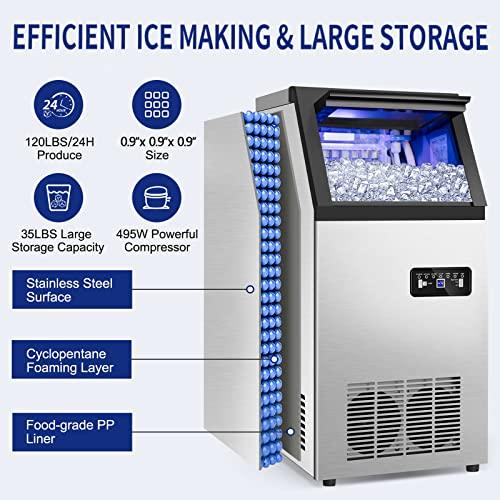 Commercial Ice Maker Machine 120Lbs/24H with 35Lbs Ice Capacity, 45Pcs Clear Ice Cubes Ready in 11-20Mins, Stainless Steel Under Counter Freestanding Large Ice Machine, 2 Water Inlet Modes - CookCave