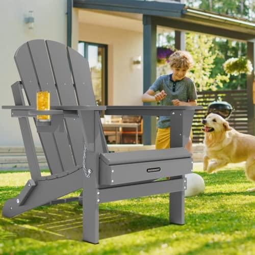 MUCHENGHY Outdoor Folding Adirondack Chair Weather Resistant Patio Chair with Cup Holder for Outside, Deck, Lawn, Backyard, Garden, Fire Pit, Campfire Lounger(Gray) - CookCave