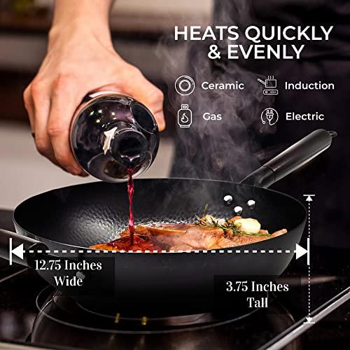 HOME EC Carbon Steel Wok Pan With Lid, Stir Fry Wok Set, Steel Spatula, and Cleaning Brush - Non-Stick Big 12.75in Flat Bottom Chinese woks & stir-fry pans - CookCave