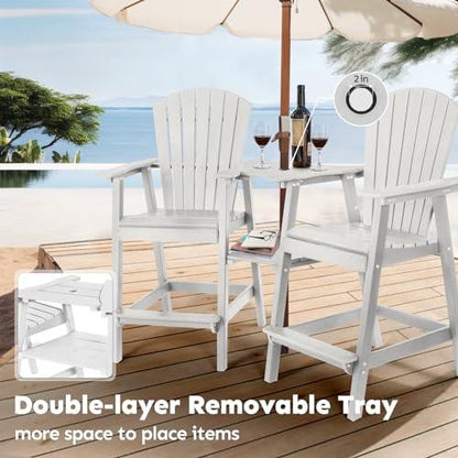 Tall Adirondack Chairs Set of 2, Weather Resistant HDPE Adirondack Barstools, Balcony Chairs with Double Connecting Tray & Umbrella Hole, Patio Stools for Outdoor Deck Lawn Pool Backyard, White - CookCave