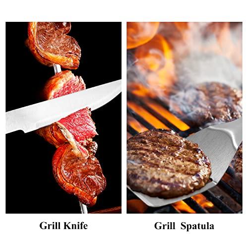 HomeEase 3 Piece Grill Set BBQ Accessories - Metal Spatula, Fork, Knife Utensils - Heavy Duty Stainless Steel Barbecue Grill Utensils for Outdoor Grill - CookCave