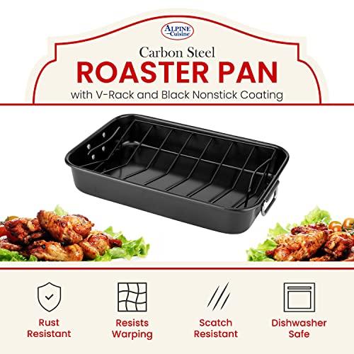 Alpine Cuisine Turkey Roaster Pan with Rack 16-Inch - Nonstick Coating Carbon Steel Pan - Black & Heavy Duty Roasting Pan - Easy to Clean, Multipurpose Use - Durable & Dishwasher Safe - CookCave