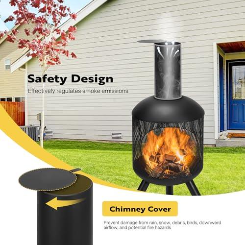 VIVOHOME 46 Inch Chiminea Outdoor Fireplace, Cold-Rolled Steel Wood Burning Fire Pit with Mesh Design, Top Chimney Cover, and Fire Poker Ideal for The Patio, Garden, and Backyard Black - CookCave