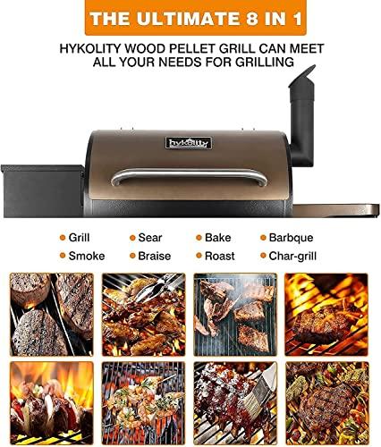 Hykolity 570 Sq in Wood Pellet Grill & Smoker, 8 in 1 BBQ Smoker with Flame Broiler, Outdoor Cooking Auto Temperature Control, 23LB Hopper Capacity, Brown - CookCave