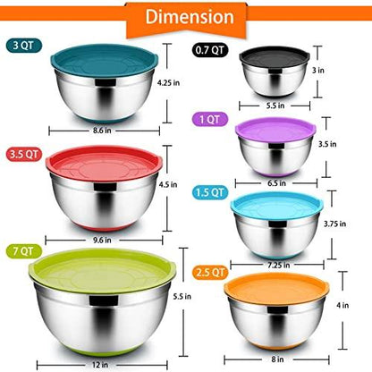 TeamFar Mixing Bowls, Mixing Bowls with Lids Set, Stainless Steel Large Metal Nesting Salad Bowl with Airtight Lid & Non-Slip Bottom, 7/3.5/3 / 2.5/1.5/1 / 0.7 QT, (Set of 7, Colorful) - CookCave