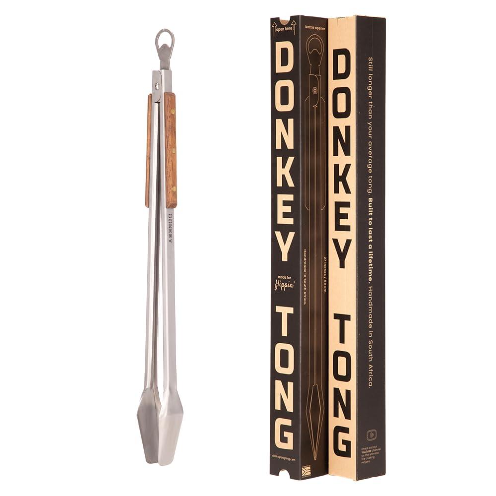 BBQ Tongs 27 inch Long Grill Tongs - Donkey Tong - Stainless Steel, Locking Tongs, Bottle Opener, Wooden Handles, Premium Tongs - Donkey Long Tong - CookCave