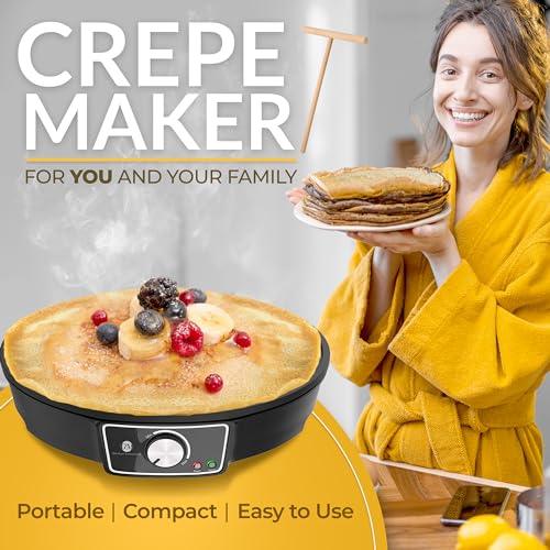 Crepe Maker Machine (Easy to Use), Pancake Griddle – Nonstick 12” Electric Griddle – Pancake Maker, Batter Spreader, Wooden Spatula – Crepe Pan for Crepes Roti, Tortilla, Blintzes – Portable, Compact - CookCave