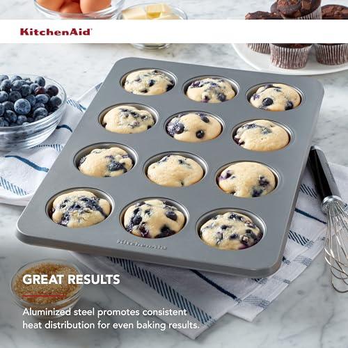 KitchenAid Nonstick 12 Count Muffin Pan with Extended Handles for Easy Girp, Aluminized Steel to Promoted Even Baking, Dishwasher Safe,Contour Silver - CookCave