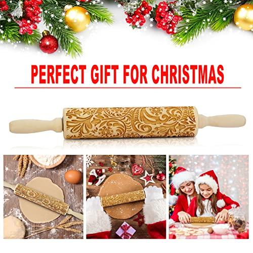 Wooden Engraved Rolling Pin with Christmas Snowflake Designs - For Baking Cookies and Decor - CookCave